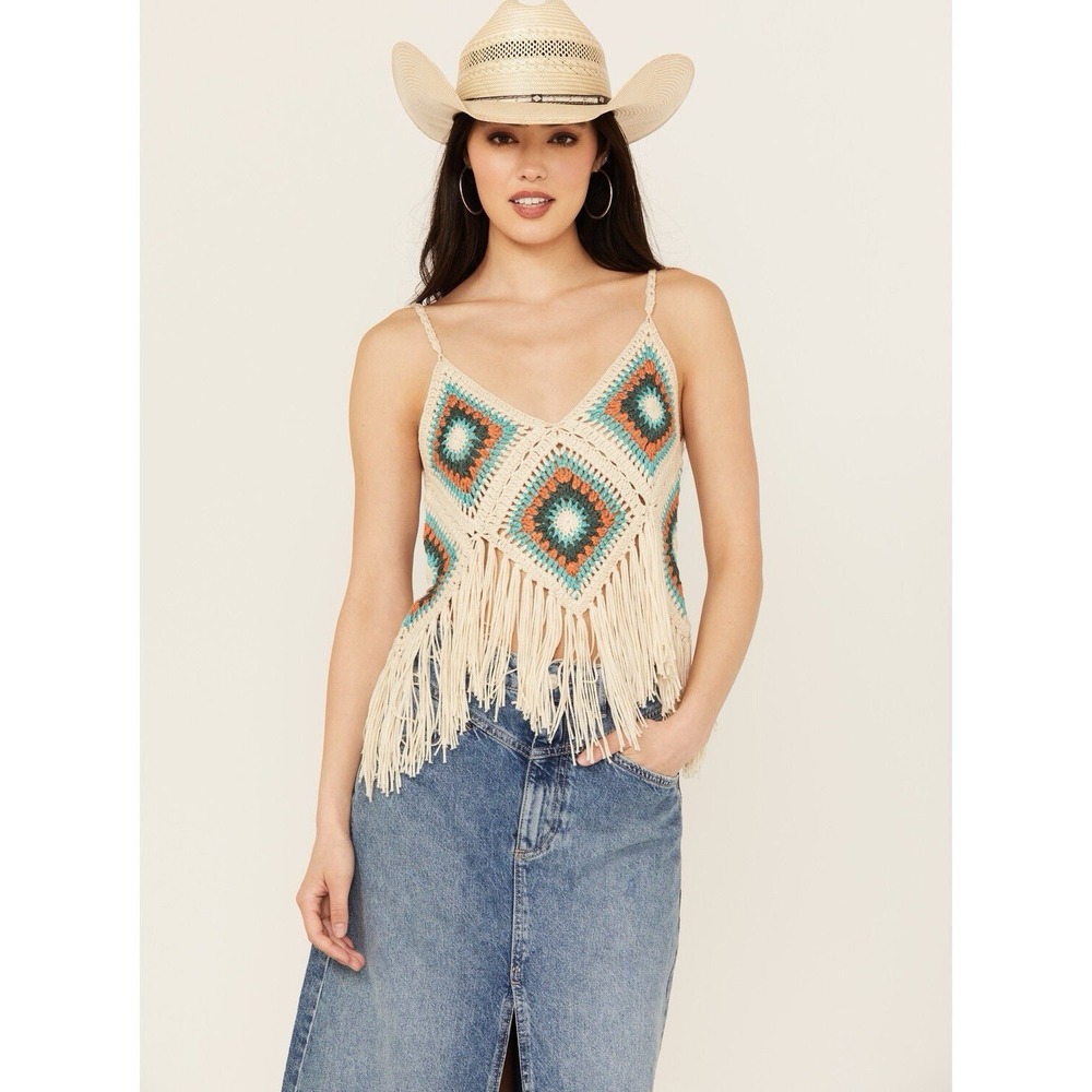 Rock & Roll Denim Crochet Fringe Tank Top M Granny Square Boho Western Festival